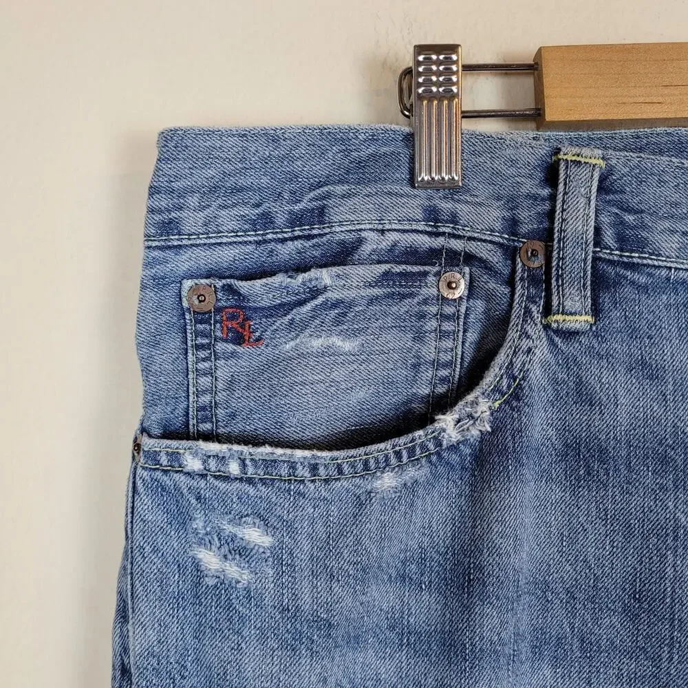 Polo Ralph Lauren Jeans 38x30 Blue Thompson Relaxed Straight Leg‎ Distressed